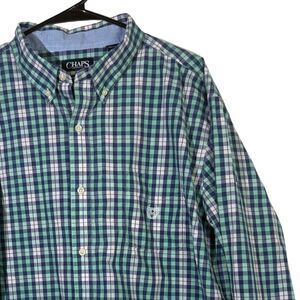Chaps Men 2XL Plaid Shirt Button Down Long Sleeve Green Blue Cotton Blend